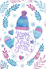 Happy New Year hand drawn watercolor handwritten  illustration  with snowflakes and warm hat and mittens
