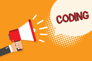 Writing note showing Coding. Business photo showcasing assigning code to something for classification identification Man holding megaphone loudspeaker bubble orange background halftone