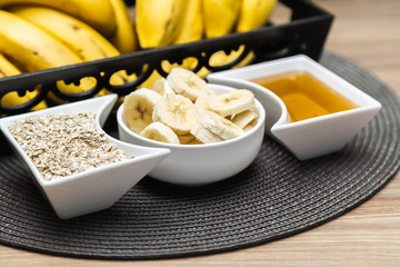 babana with honey and oats. Nutritious and healthy food