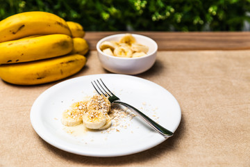 babana with honey and oats. Nutritious and healthy food