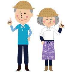 ポップな農家のシニアの男女が指差し