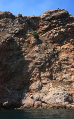 Sea waves, surf. Rocks and rocks. Black Sea. Summer. Side view