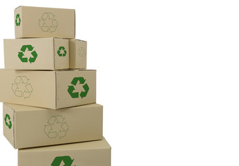 Boxes with Recycle Sign in different sizes stacked boxes isolated on white background