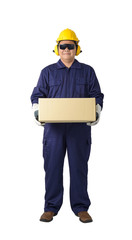 portrait of a worker in Mechanic Jumpsuit Was carrying a box isolated on white background