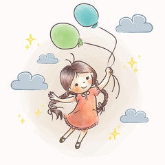 Little Girl Flying Holding Balloon