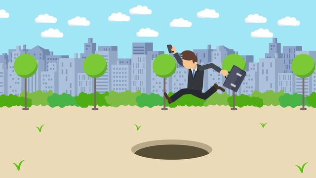 ビジネスマン 走る 穴 ジャンプ リスク 危険回避 街 イラスト ループ