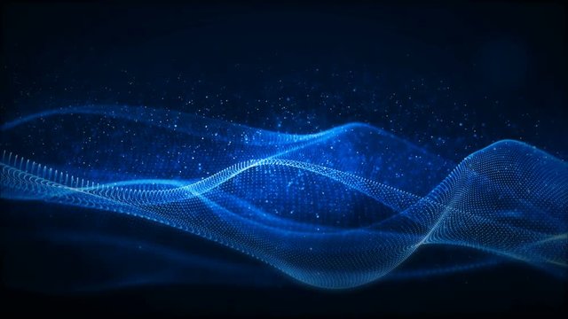 Digital blue particles wave with light motion abstract background