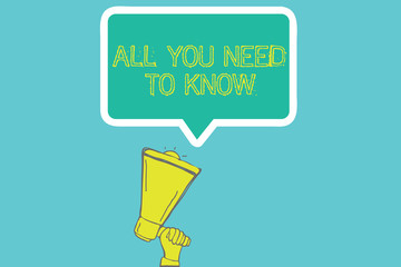 Word writing text All You Need To Know. Business concept for Tell only the Facts and Important onesAccess to Data.