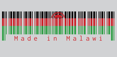 Barcode set the color of Malawi flag, black red and green; charged with a red rising sun centred on the black stripe. text: Made in Malawi, concept of sale or business.