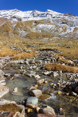 Fototapeta na wymiar Autumn colors in high mountain. Ayas valley, Aosta, Italy