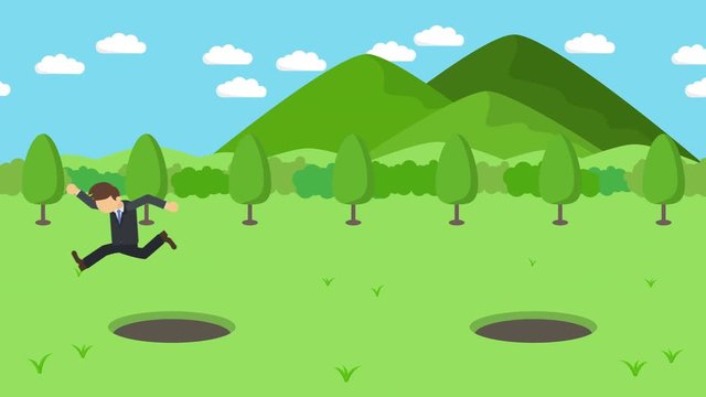 ビジネスマン 走る 穴 ジャンプ リスク 危険回避 山 イラスト ループ
