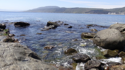 Landscape, rocky beach and seaside