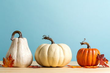 Collection of autumn pumpkins on a blue background