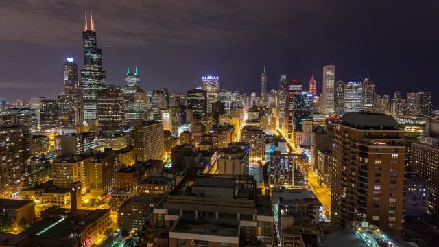 Chicago City Skyline at Night Aerial Timelapse