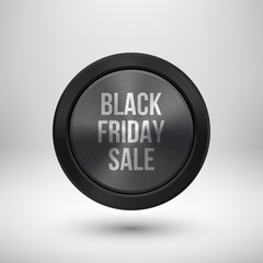 Black friday sale badge, abstract technology circle perforated button with metal texture, chrome, silver, steel and realistic shadow for logo, design concepts, interfaces, apps. Vector illustration.