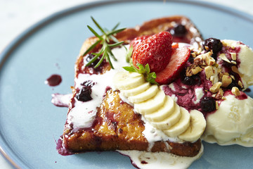 French toast with fruits and ice cream 