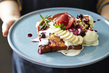French toast with fruits and ice cream 