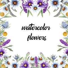 Watercolor. Field flowers. Flower illustrations. Bohemian bouquets of flowers, wreaths, wedding compositions, anniversary, birthday, Invitations greeting cards Frame wild flowers.