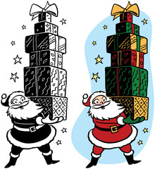 Santa Claus carries a giant stack of wrapped Christmas presents. 