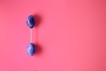 Barbell from plums on a pink background