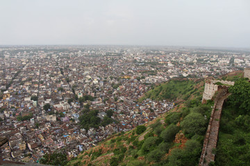 The scenery of Jaipur city as seen from Nahargarh Fort on the hill.