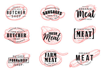 Butchery or meat shop icons silhouettes with signs