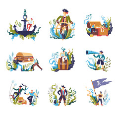 Pirate people with treasures and flag isolated set vector