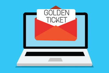 Text sign showing Golden Ticket. Conceptual photo Rain Check Access VIP Passport Box Office Seat Event Computer receiving email important message envelope with paper virtual