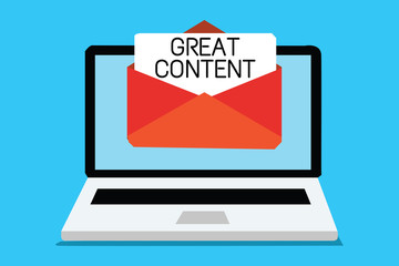 Text sign showing Great Content. Conceptual photo Satisfaction Motivational Readable Applicable Originality Computer receiving email important message envelope with paper virtual