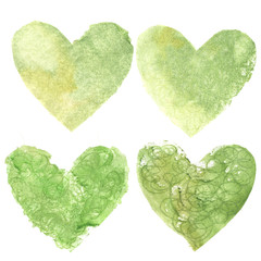 Watercolor set of summer green hearts. EKO love.  - 225618970