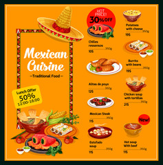 Mexican cuisine menu with lunch offer and prices