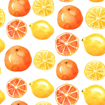 Vintage seamless pattern with watercolors - from tropical fruit, citrus spray, lemon, orange, lime,  grapefruitpaint splash. Bright fashionable background. 