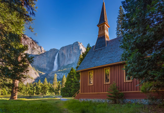 Yosemite Chapel with Waterfall