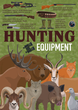 Hunting equipment retro poster with forest animals