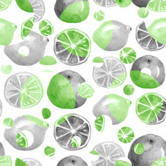 Vintage seamless pattern with watercolors - from tropical fruit, green citrus spray, lemon, lime, splash. Bright fashionable background. 