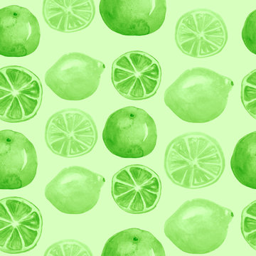 Vintage seamless pattern with watercolors - from tropical fruit, green citrus spray, lemon, lime, splash. Bright fashionable background. 