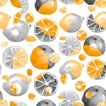 Vintage seamless pattern with watercolors - from tropical fruit, citrus spray, lemon, orange, lime, grapefruitpaint splash. Bright fashionable background. drawing on white background. 