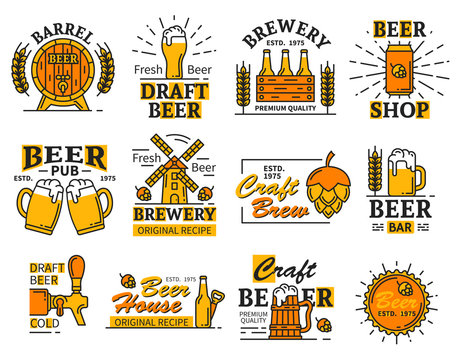 Beer house bar or brewery icons with alcohol drink