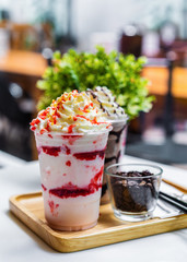 strawberry and chocolate frappe with whipped cream