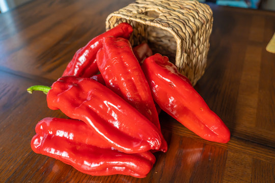 Red Bell Peppers in Basket after Harvest
