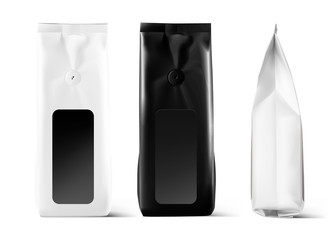 Realistic coffee bag mockup isolated on white background. Front, side view. Easy to use for your design, presentation, adv. Vector illustration. EPS10.