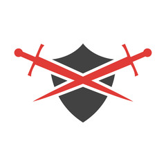 Abstract vector icon. Red and black shield and sword logo template.