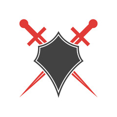 Abstract vector icon. Red and black shield and sword logo template.