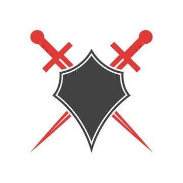 Abstract vector icon. Red and black shield and sword logo template.