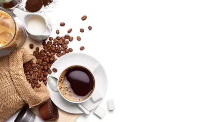 Fototapeten Tasse heißen Kaffee und andere Zutaten auf weißem Hintergrund © phive2015