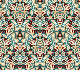 Vintage abstract seamless pattern, background. Composed of colored geometric shapes. Useful as design element for texture and artistic compositions.