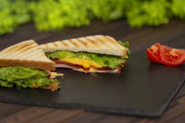 Sandwich with ham, tomatoes, cheese and lettuce on dark background