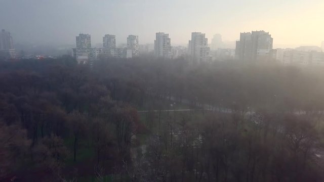 Flying over a concrete living apartment area in east Europa with many birds flying around the drone