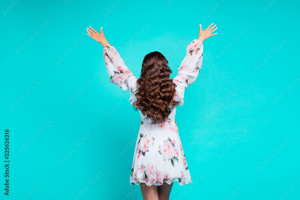 Sticker Back behind rear view photo of curly brunette raised hands up st