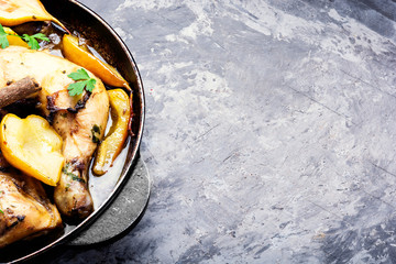 Chicken baked in pear sauce.